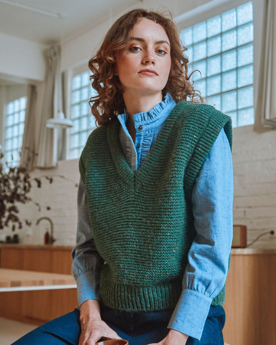 Pull sans manches en laine vert