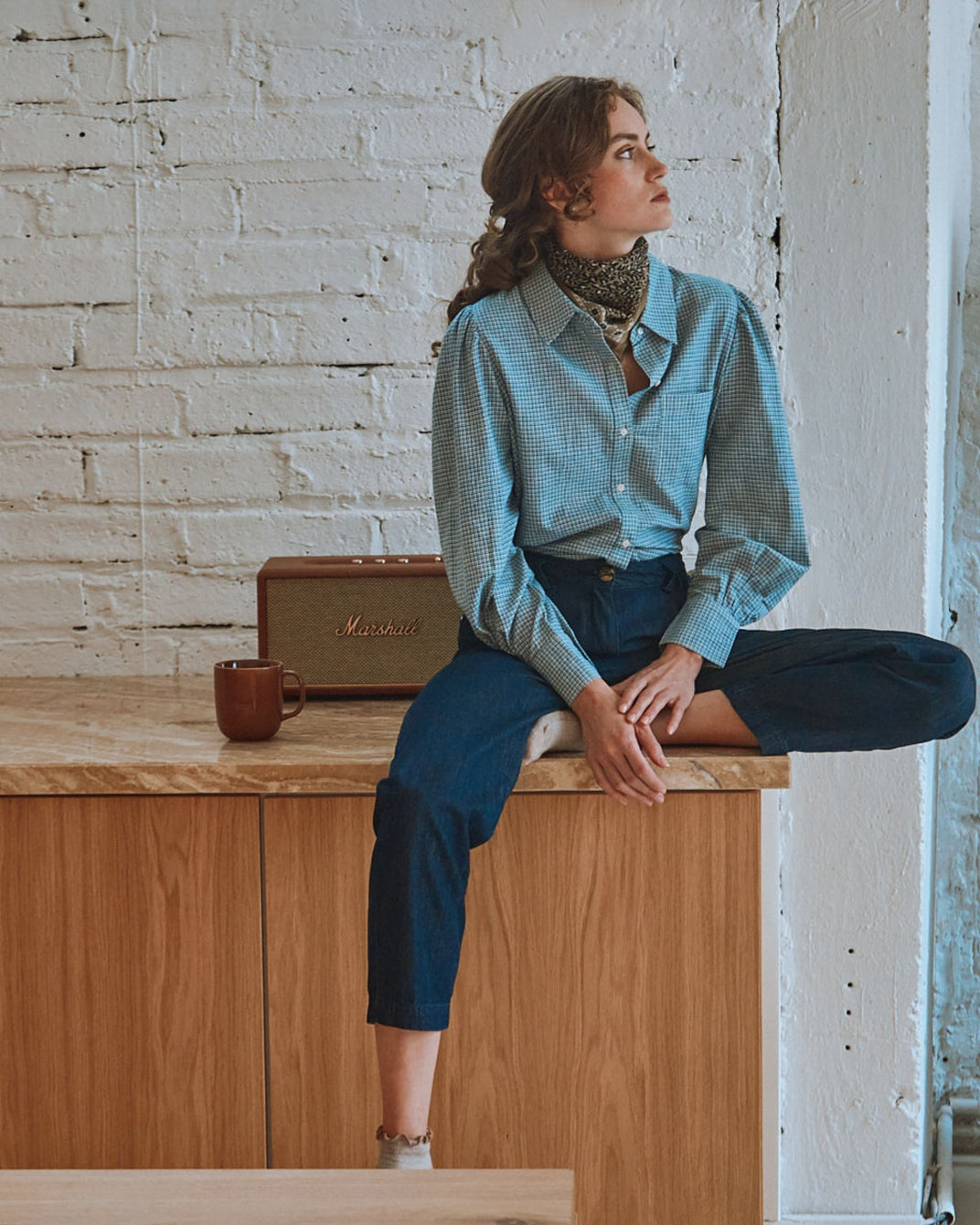 Chemise khadi écossais bleu et vert