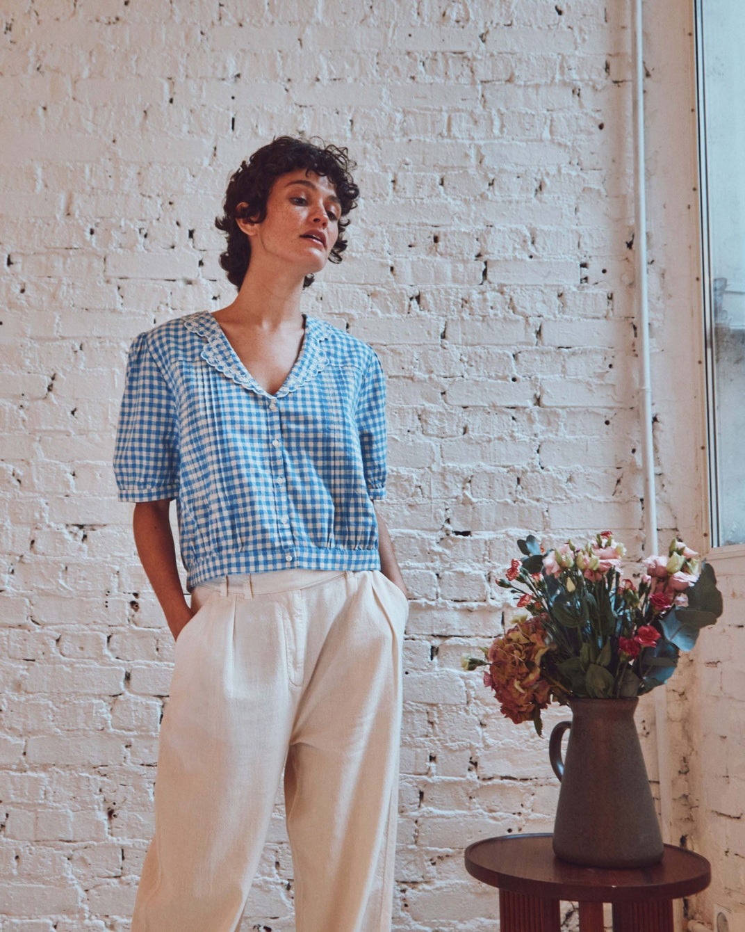 Blouse en coton vichy écru et bleu