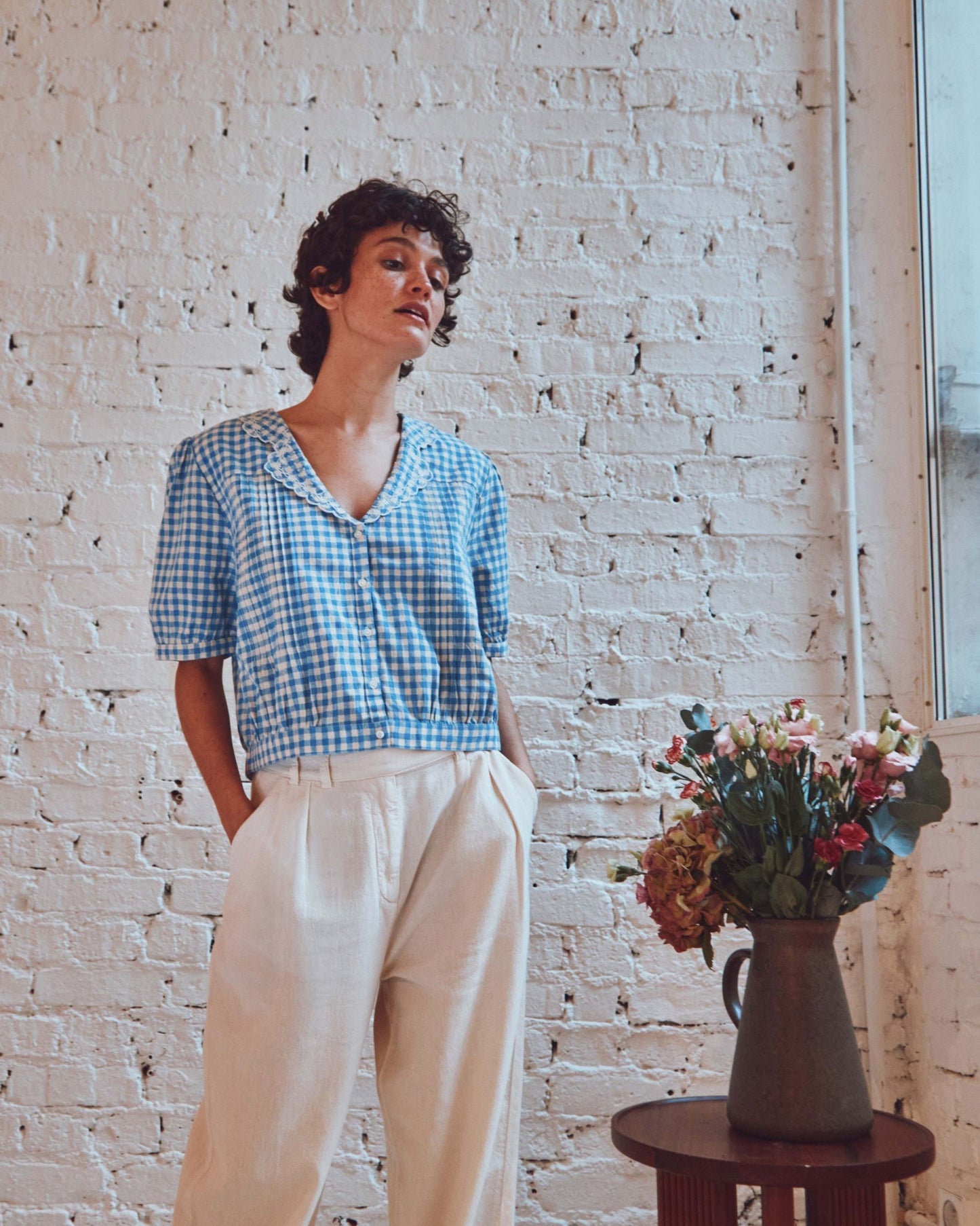 Blouse en coton vichy écru et bleu