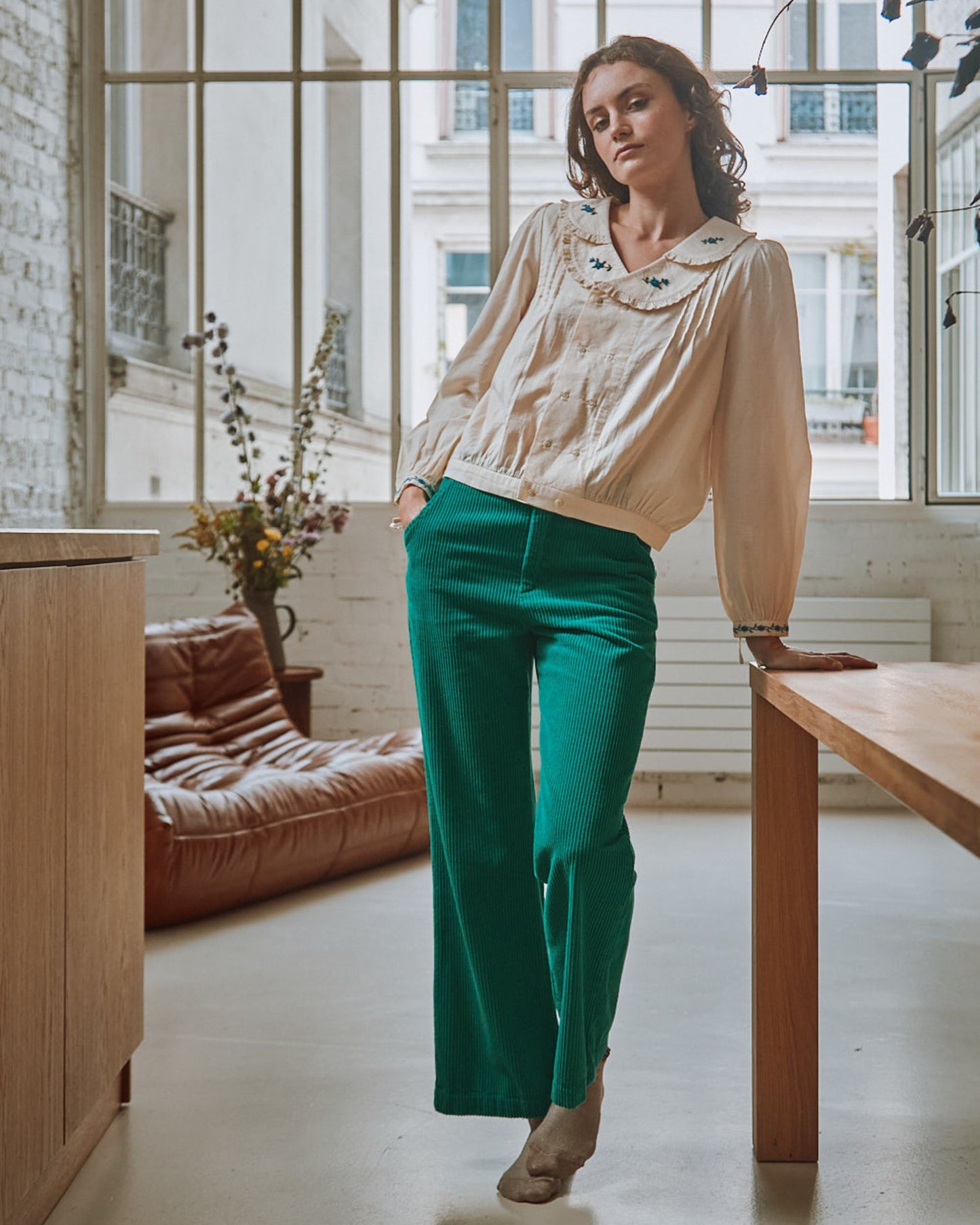 Blouse vintage col à fleurs écru