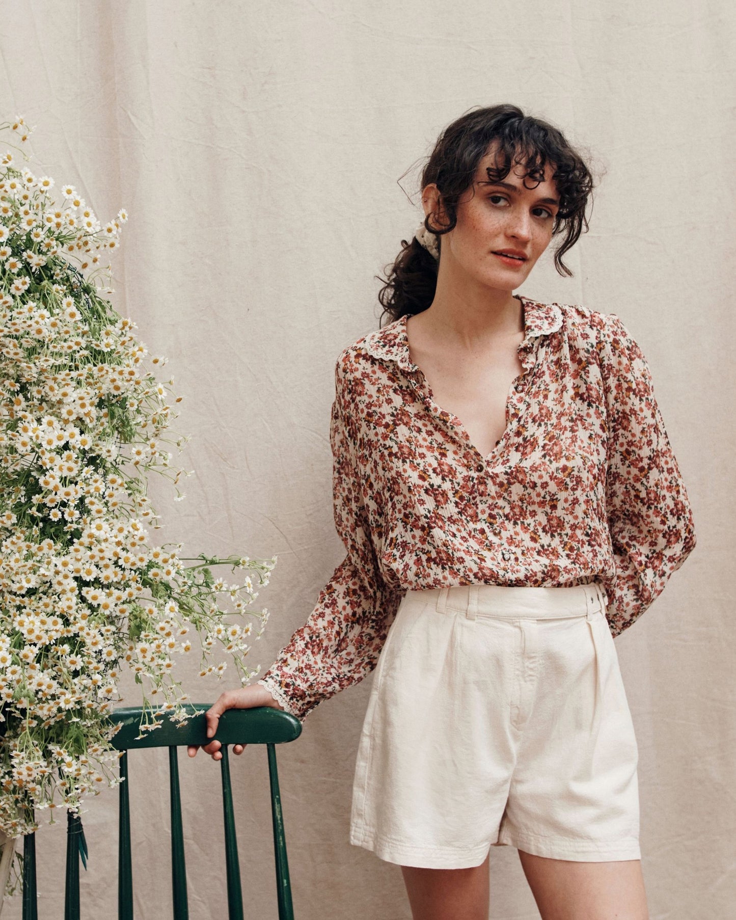 Blouse à fleurs crépon myosotis rose