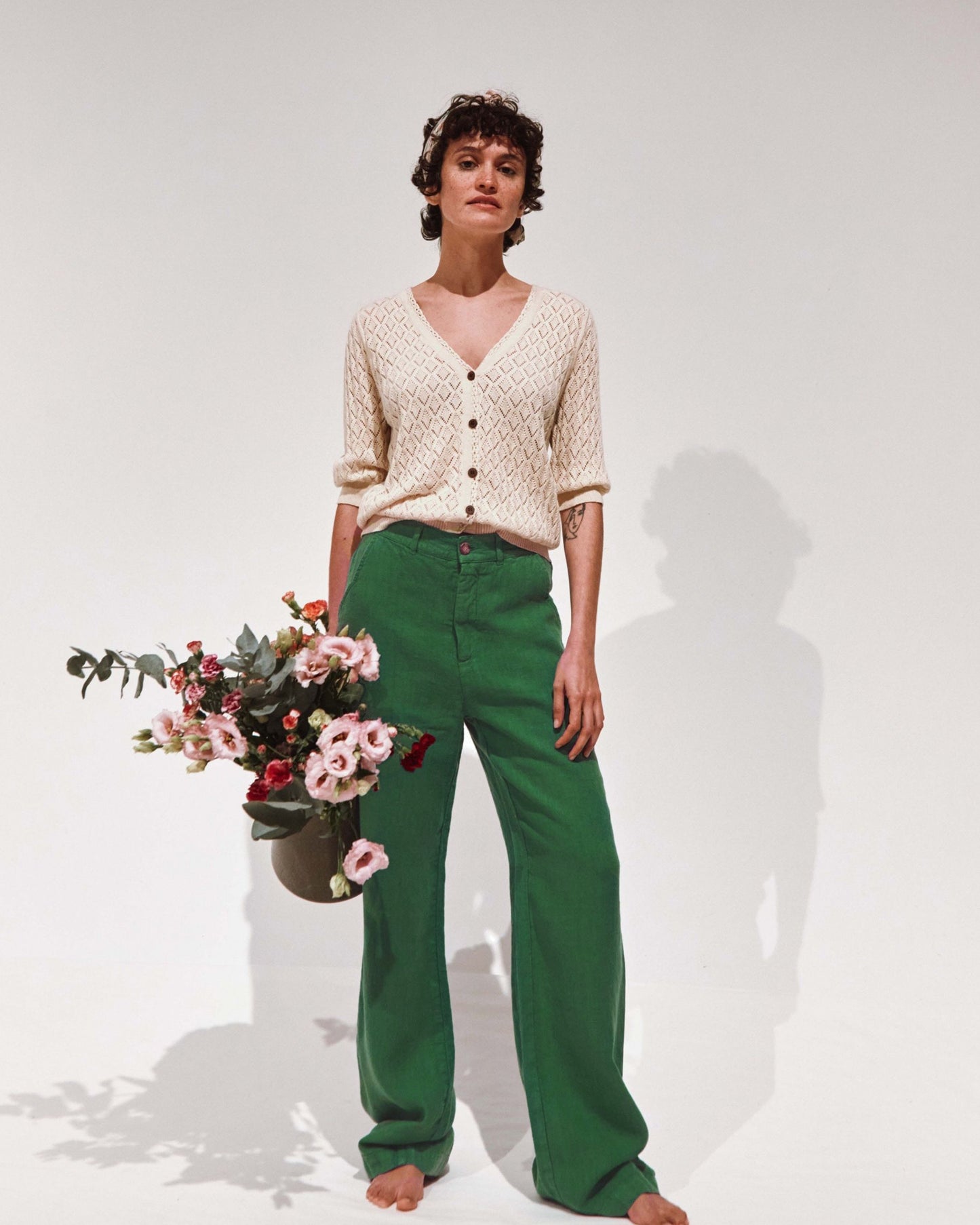 Pantalon droit lin vert