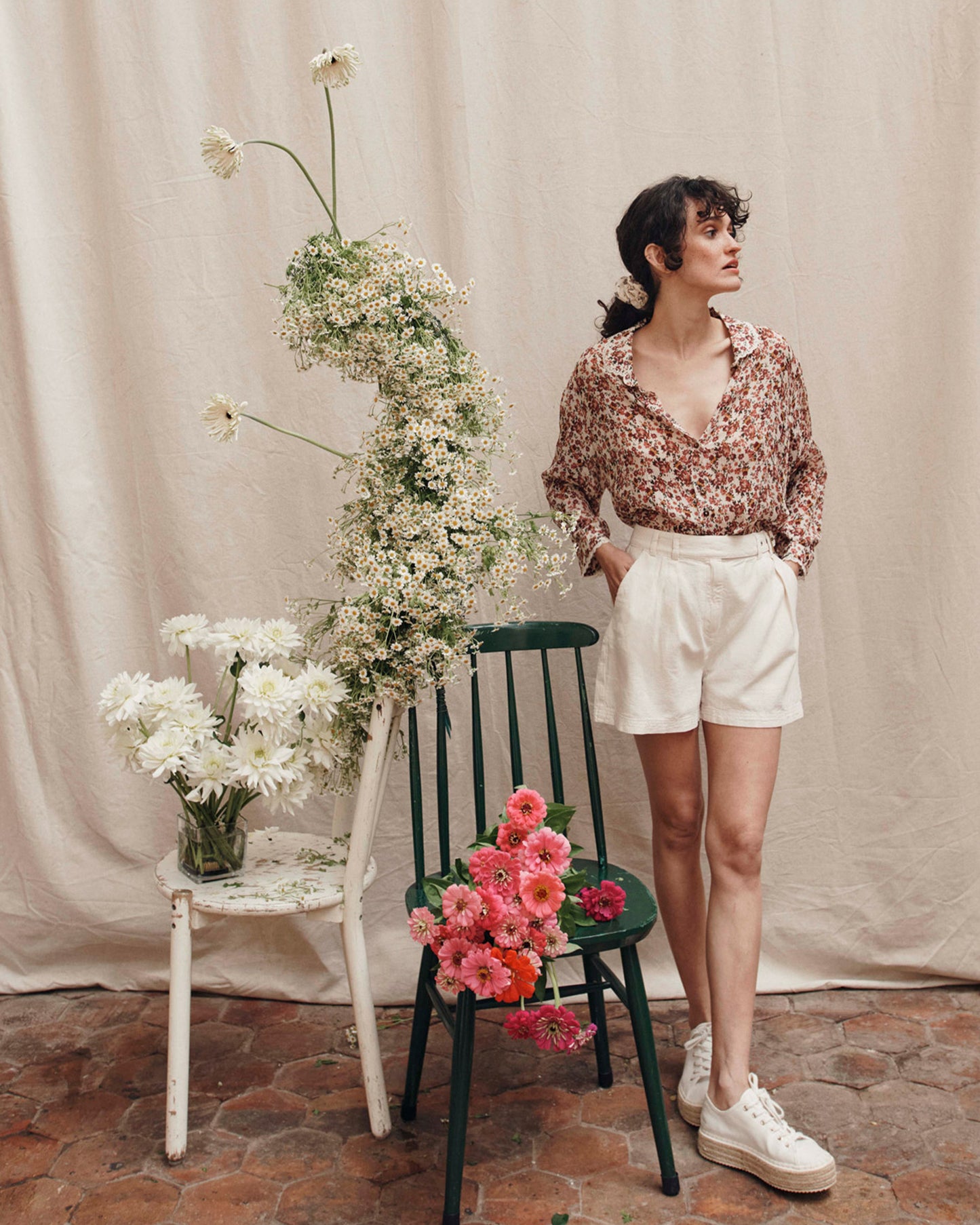 Blouse à fleurs crépon myosotis rose