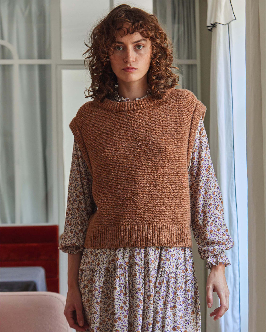 Pull sans manches laine recyclée caramel