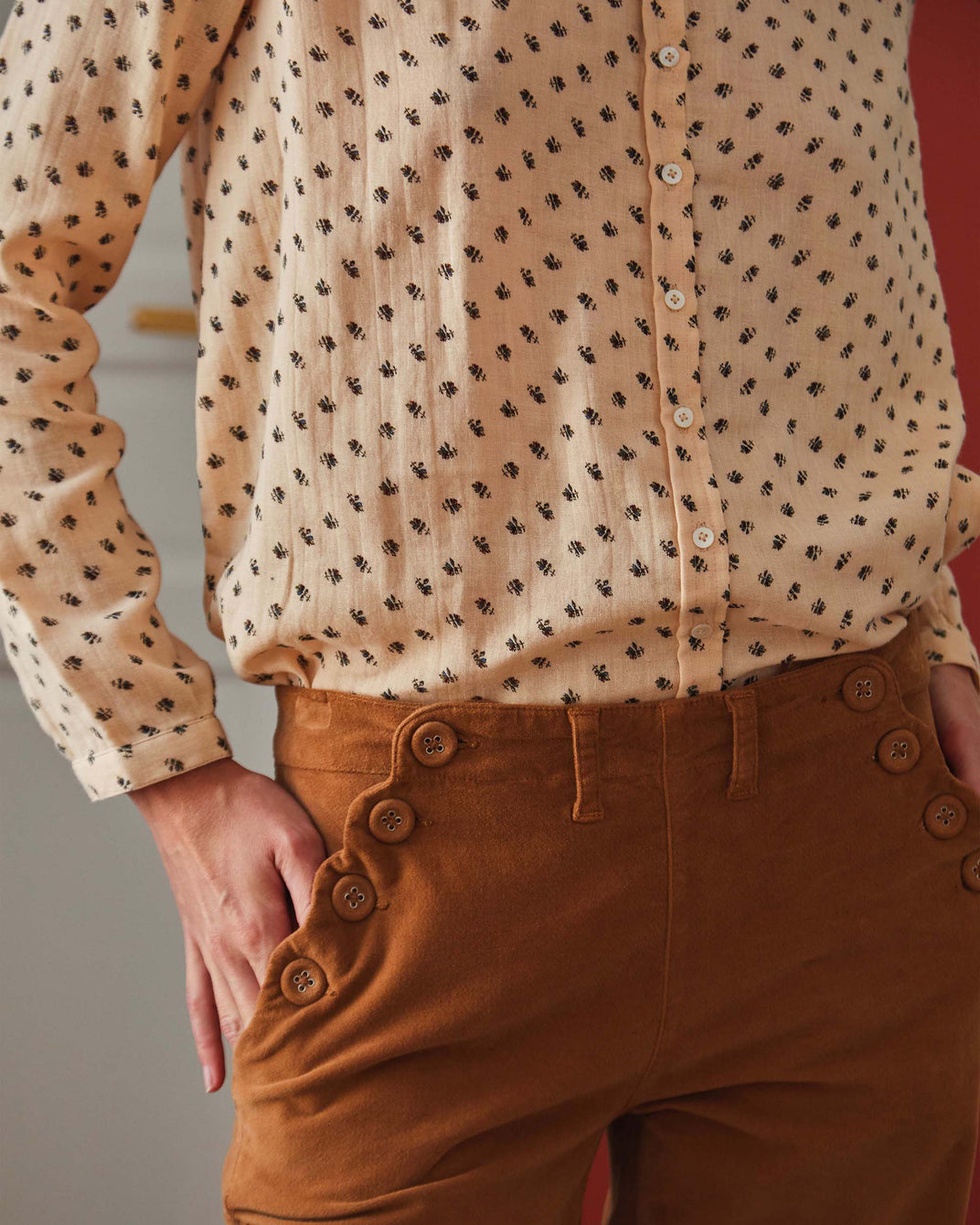 Pantalon à pont velours macadamia