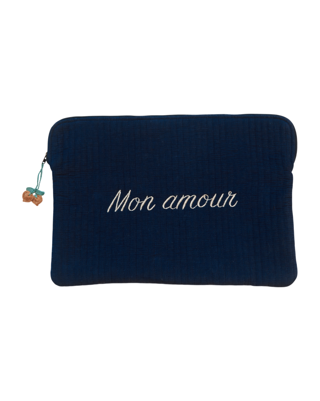 Pochette ordinateur velours "Mon amour" bleu