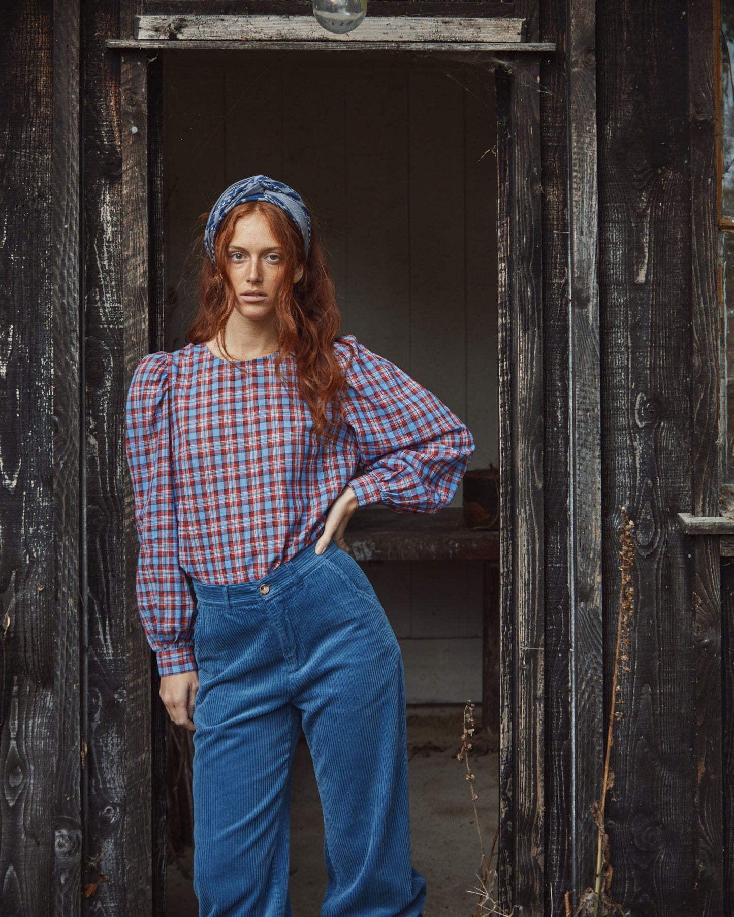 Blouse khadi écossais rouge et bleu