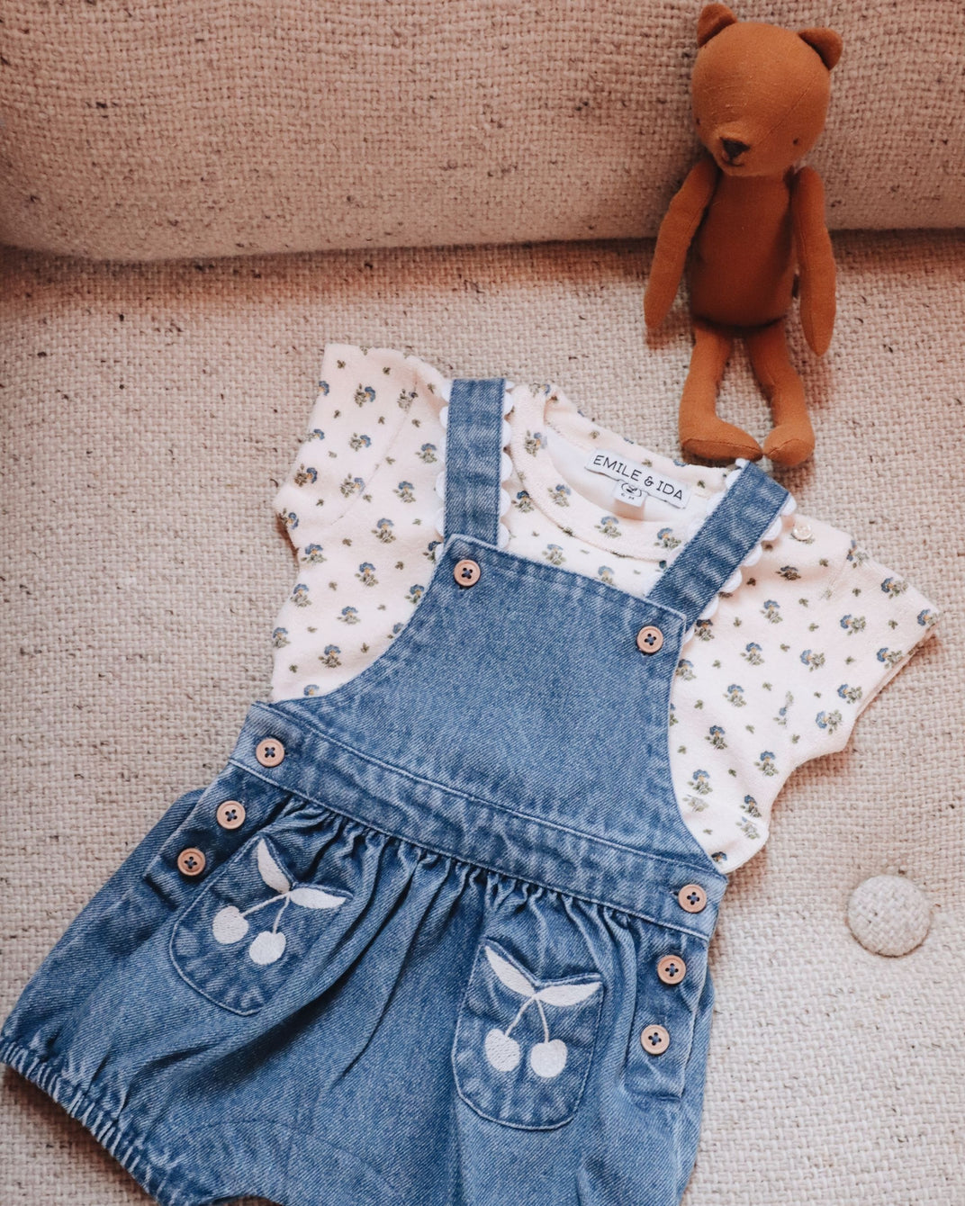 Cherry embroidered denim overalls