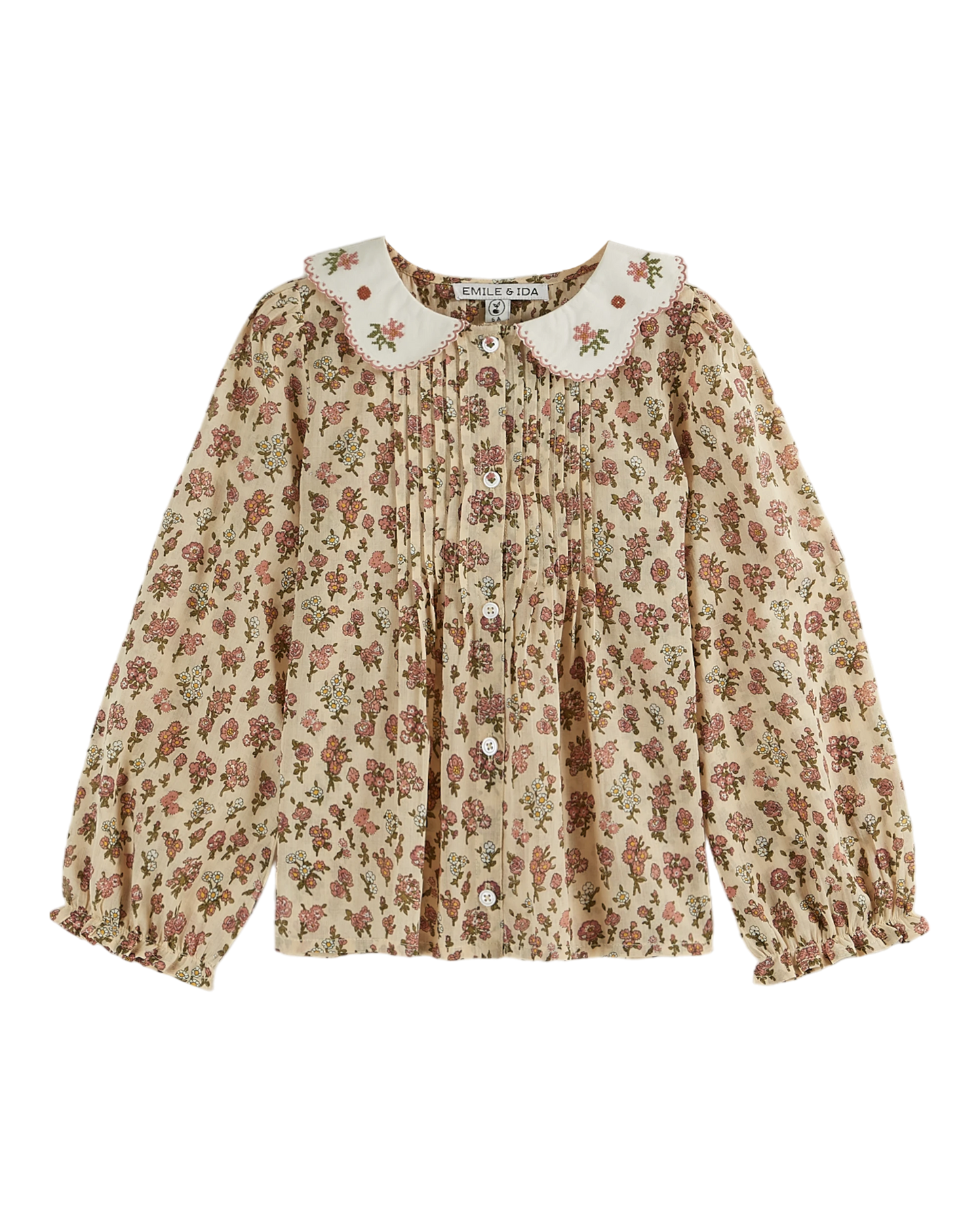 Blouse col brodé champêtre rose