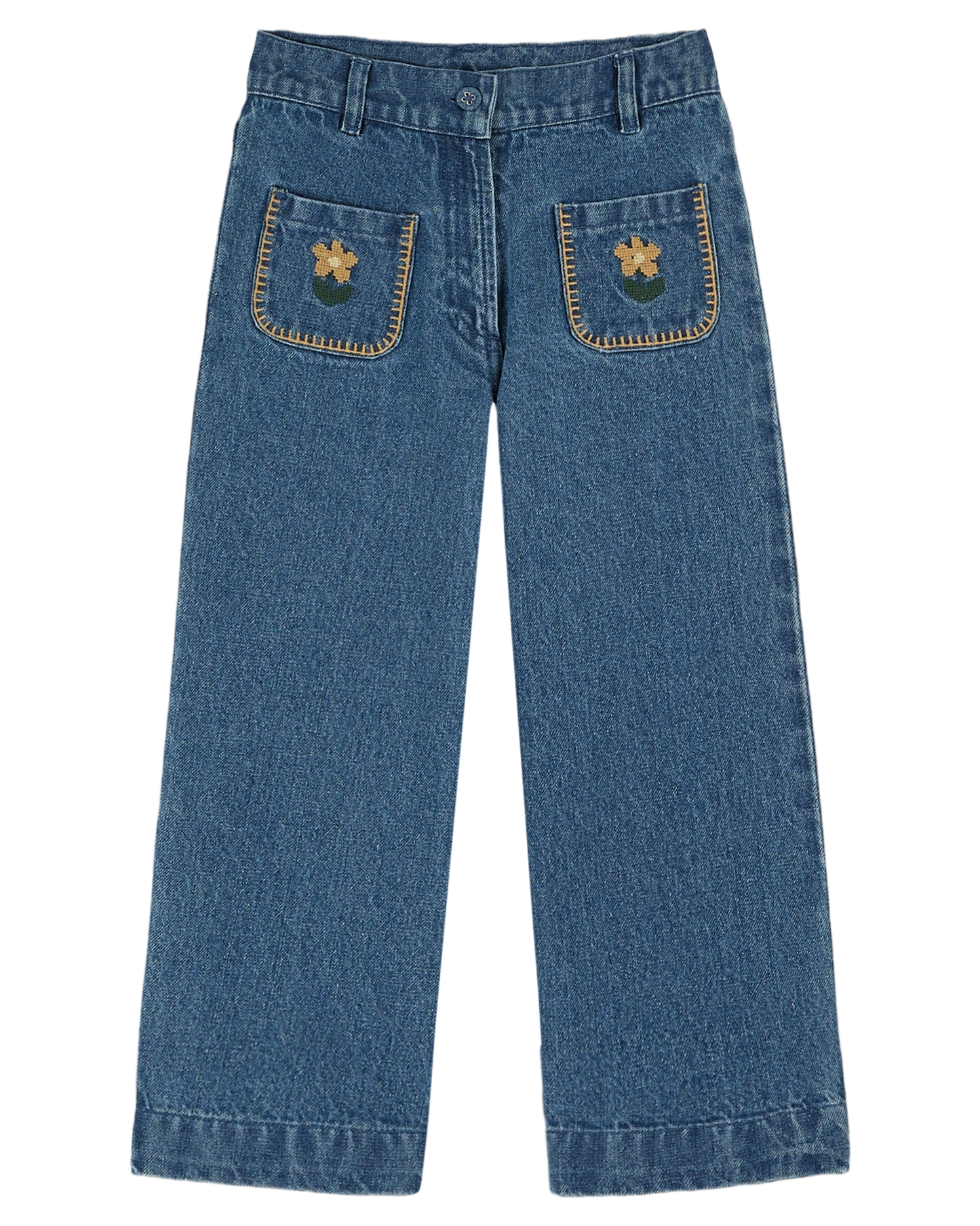 Jean brodé poches fleurs denim