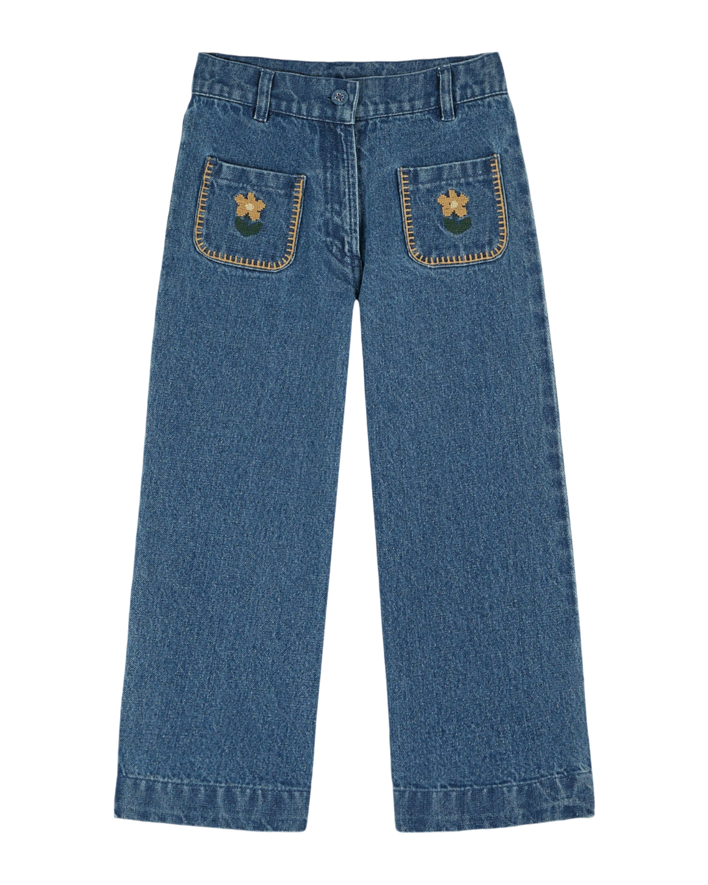 Jean brodé poches fleurs denim