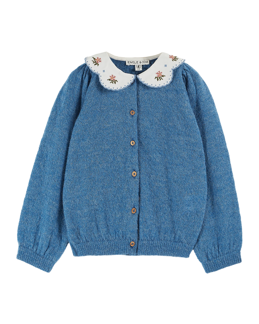 Cardigan uni col brodé bleu