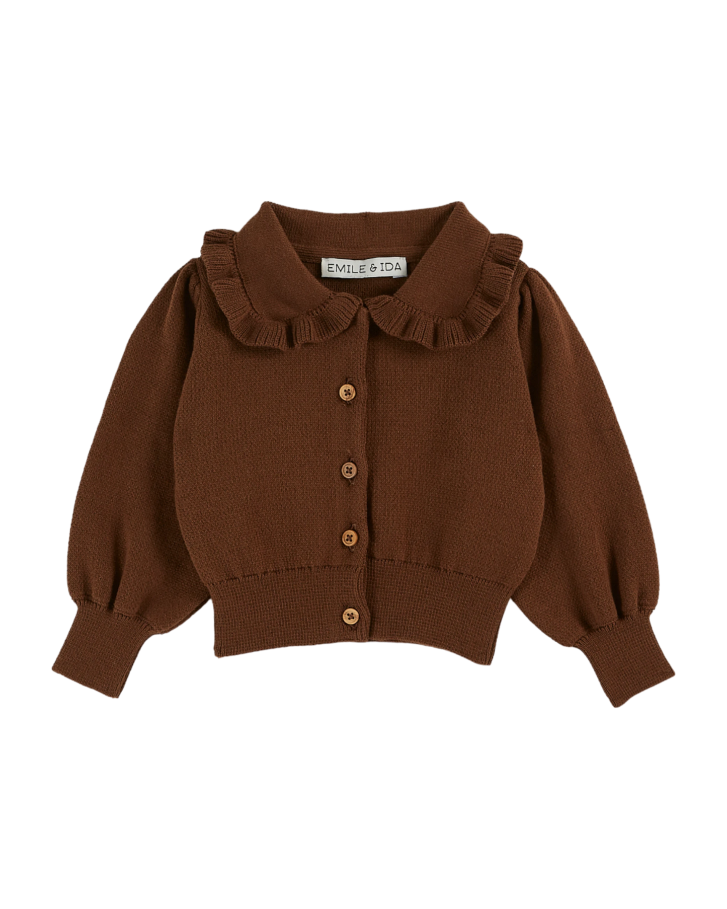 Cardigan col volanté coton bio chocolat