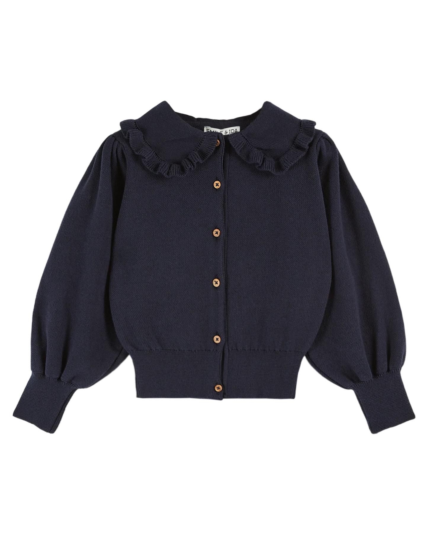 Cardigan col volanté coton bio marine