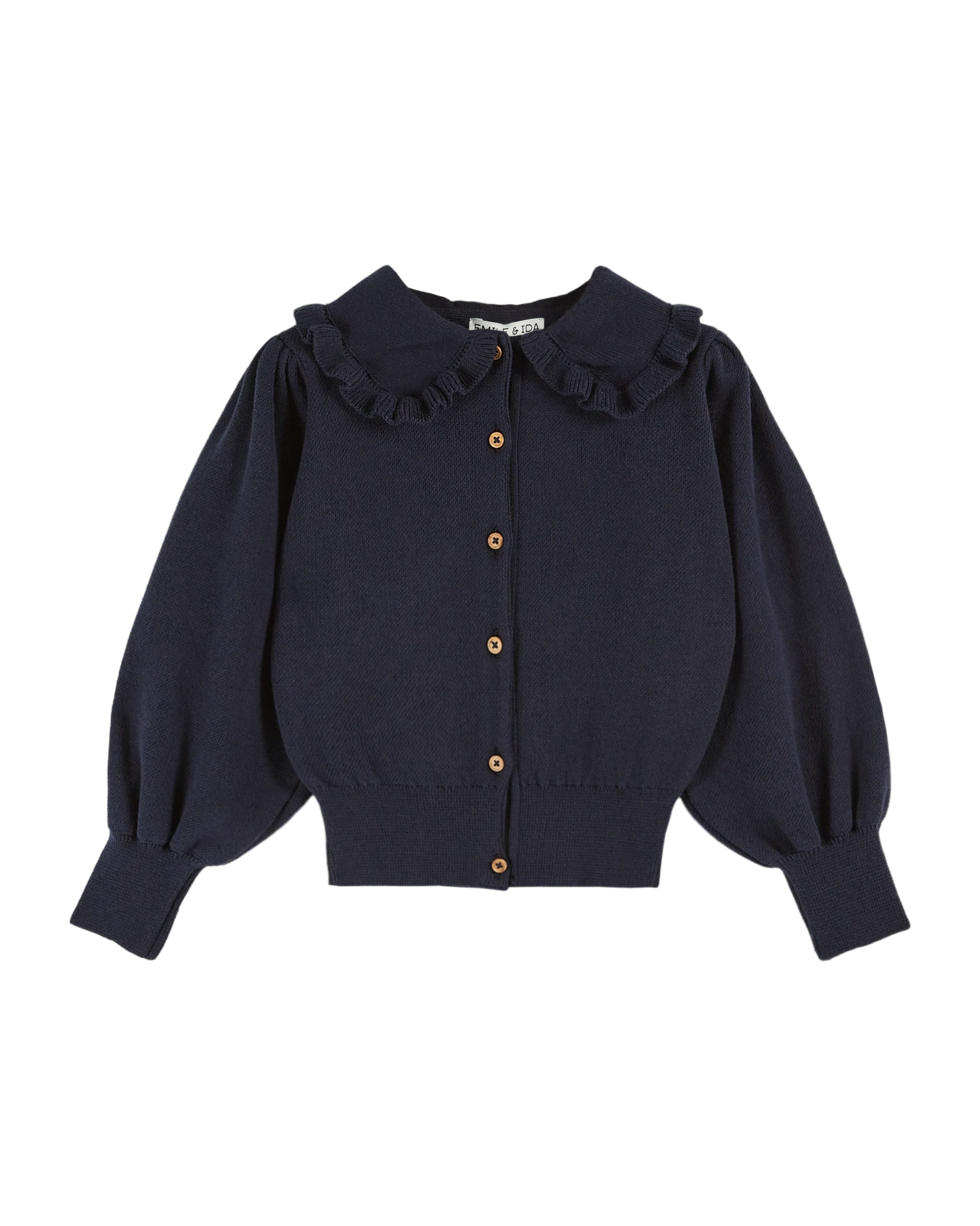 Cardigan col volanté coton bio marine