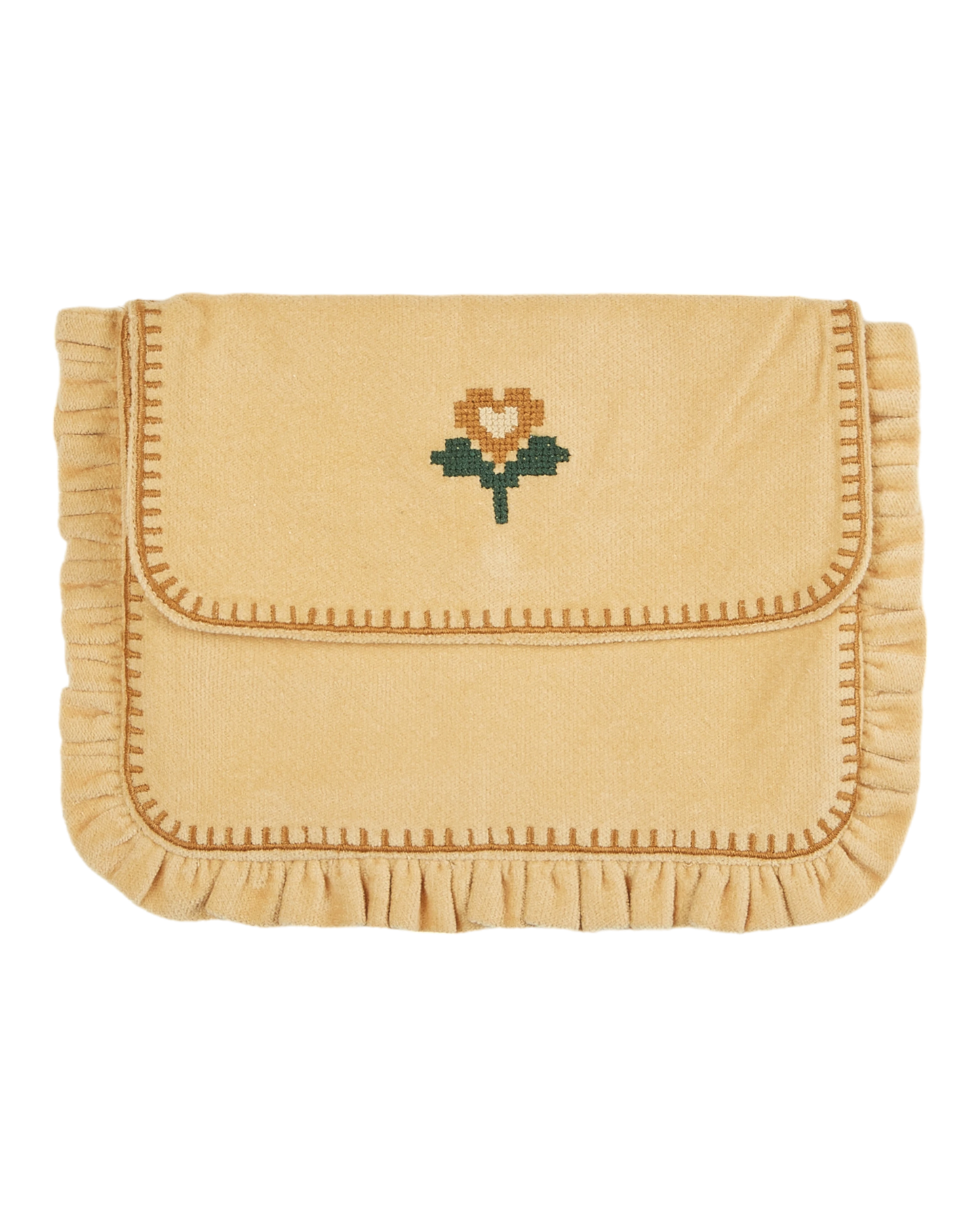 Pochette broderie fleur velours sable