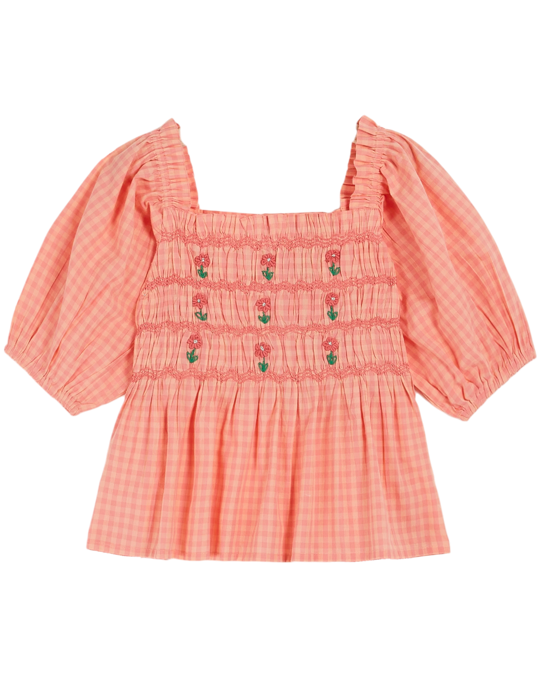 Blouse brodée smockée vichy pivoine