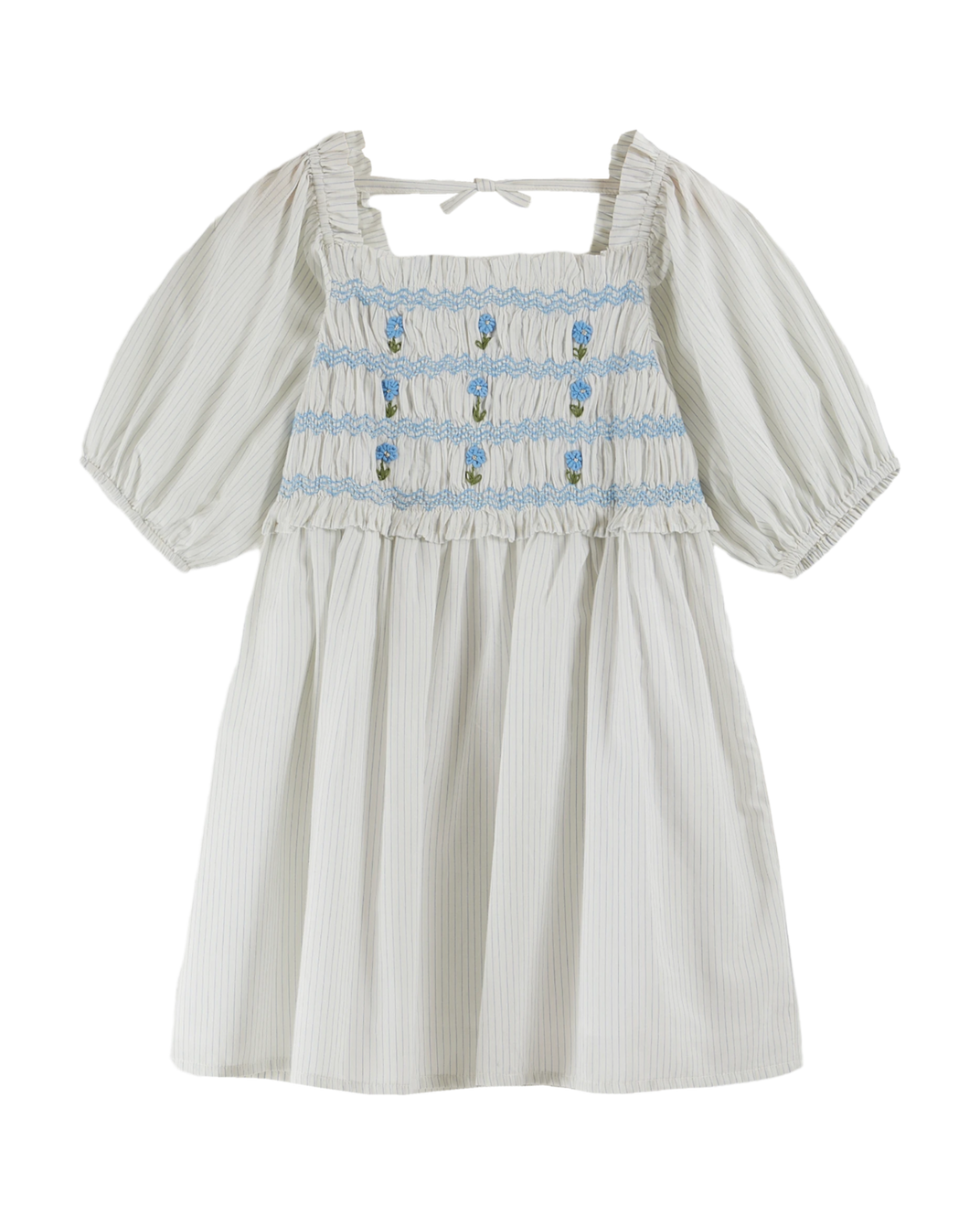 Robe brodée smockée rayures ciel