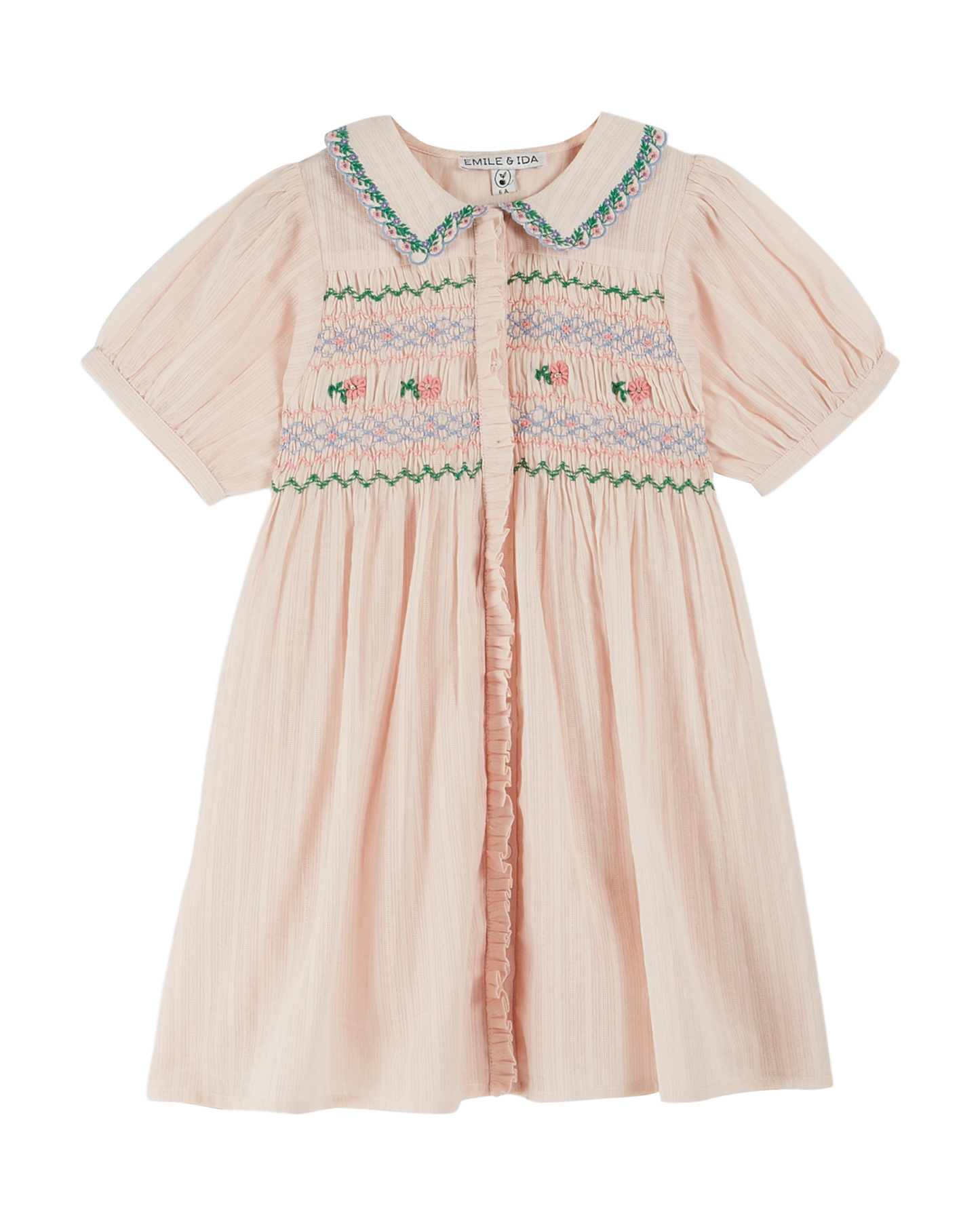 Robe brodée smockée main rose pastel