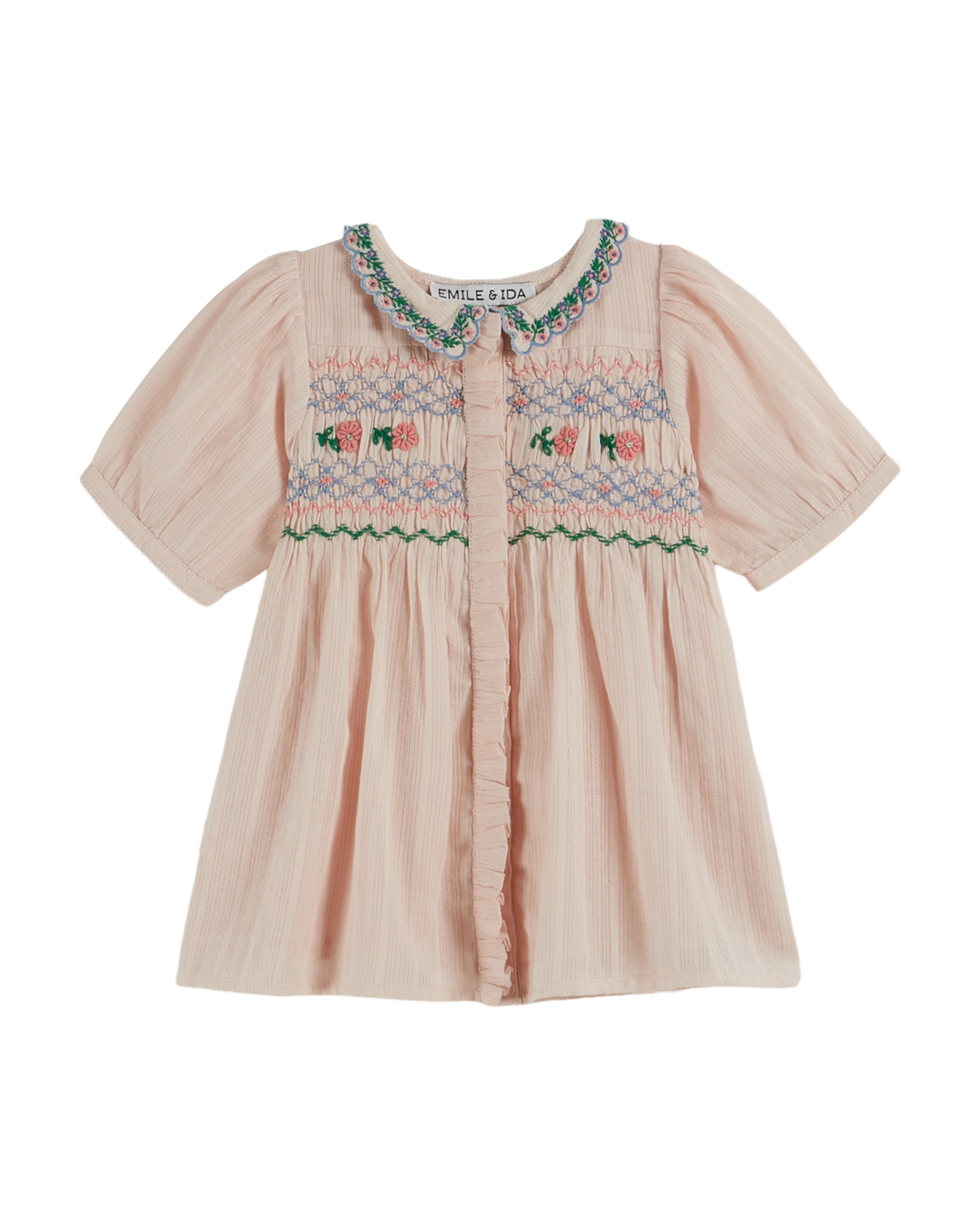 Robe brodée smockée main rose pastel