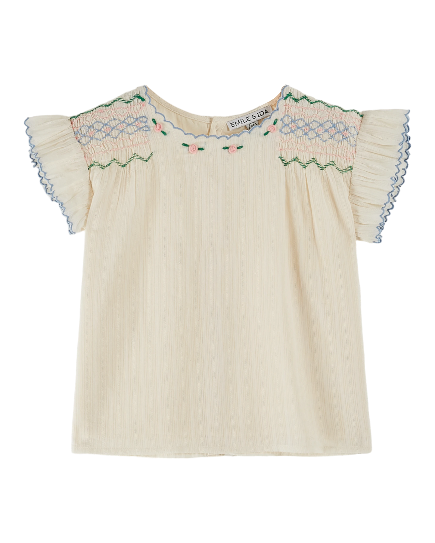 Blouse brodée smockée main écru