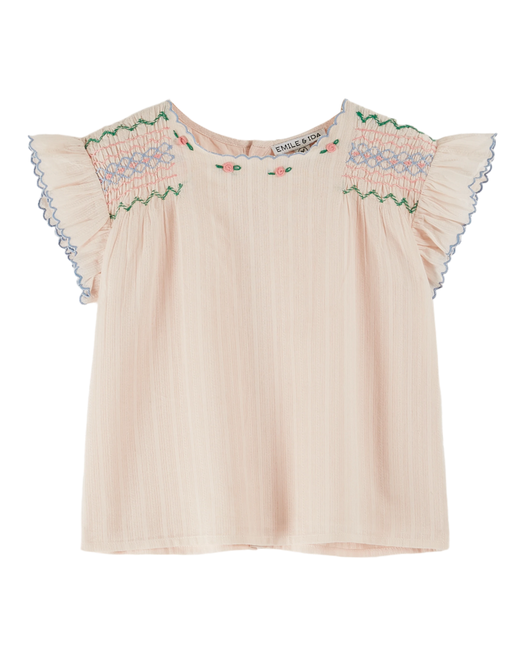 Blouse brodée smockée main rose pastel