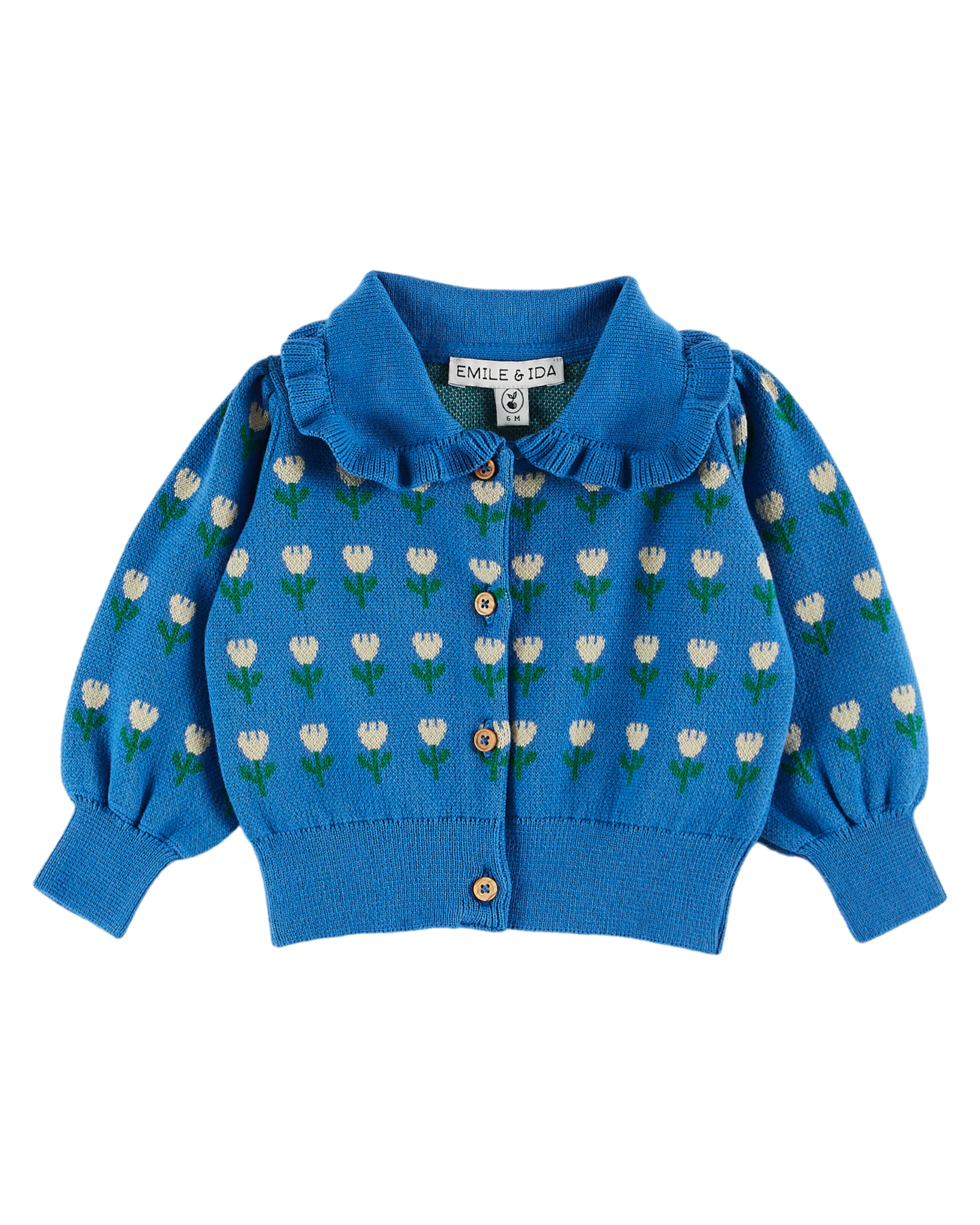 Cardigan volanté coton bio jacquard lagon