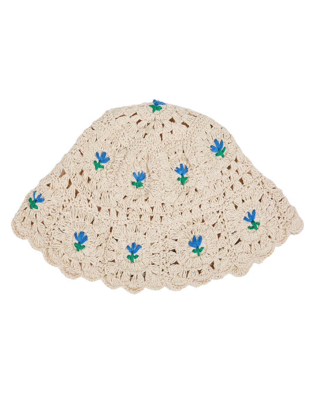 Chapeau crochet écru tulipes bleues