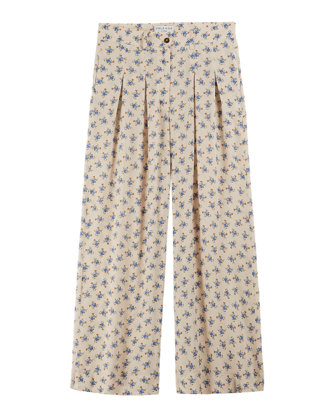 Pantalon palazzo écru fleurs bleues