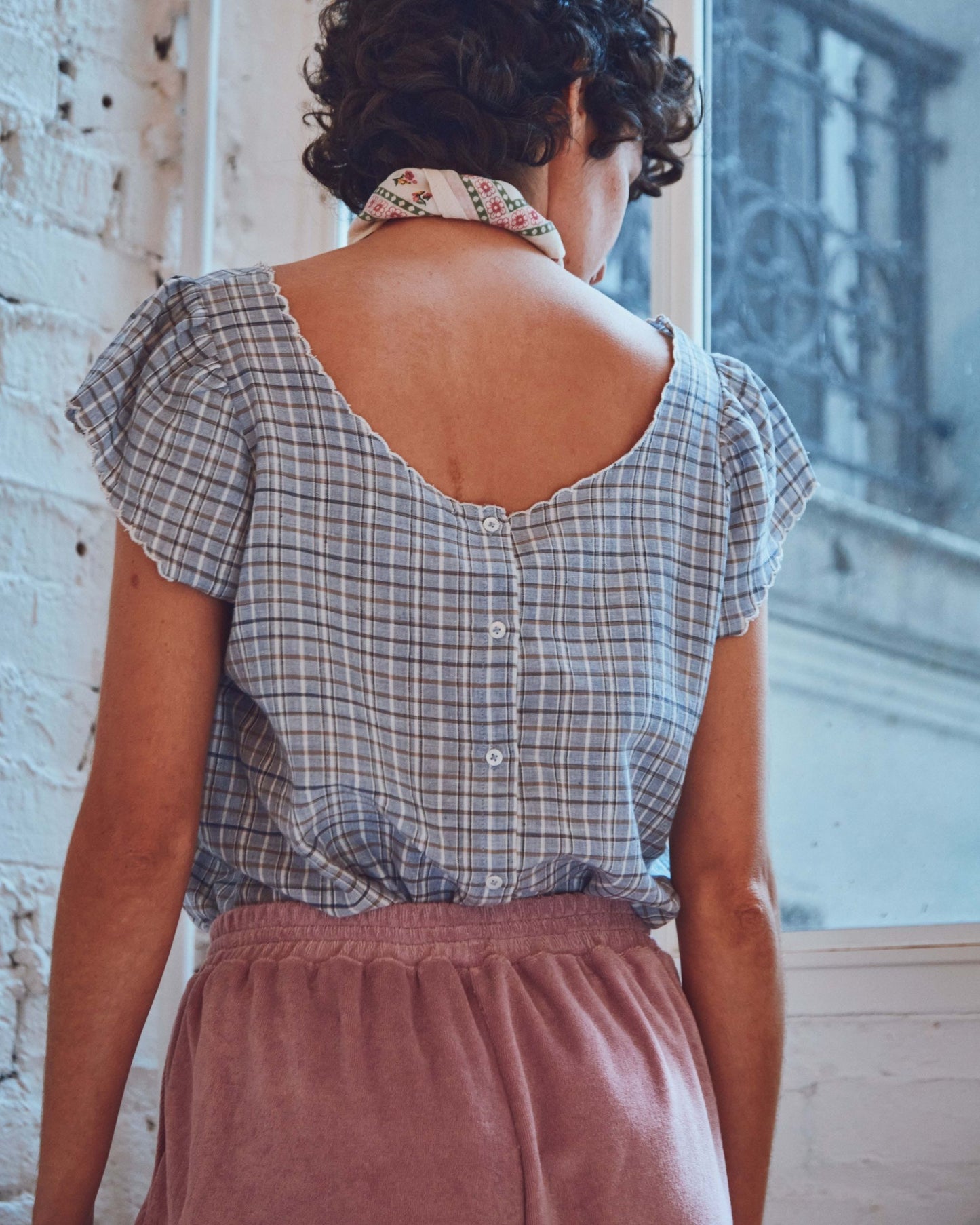 Top khadi carreaux bleu