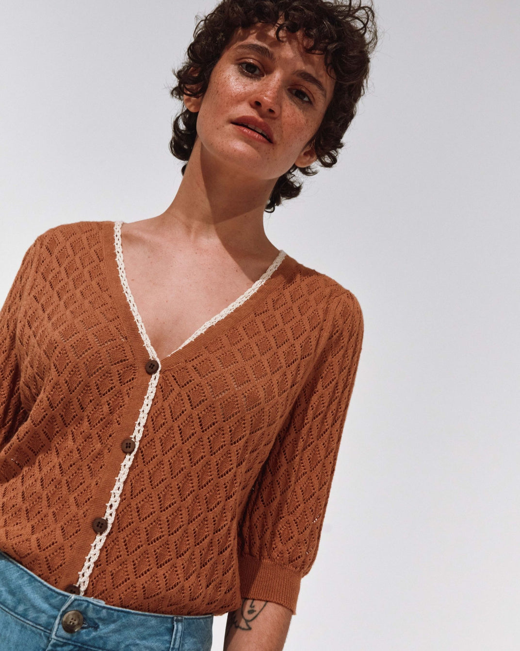 Cardigan graphique caramel