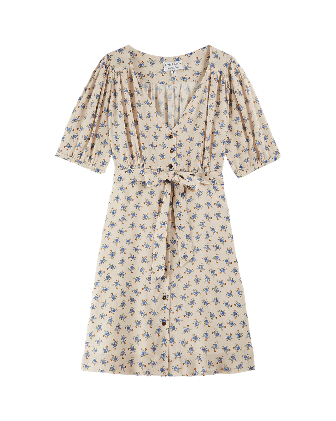 Robe chemisier écru fleurs bleues