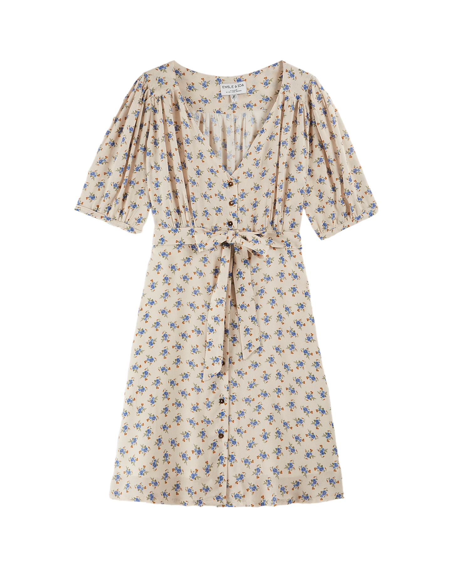 Robe chemisier écru fleurs bleues