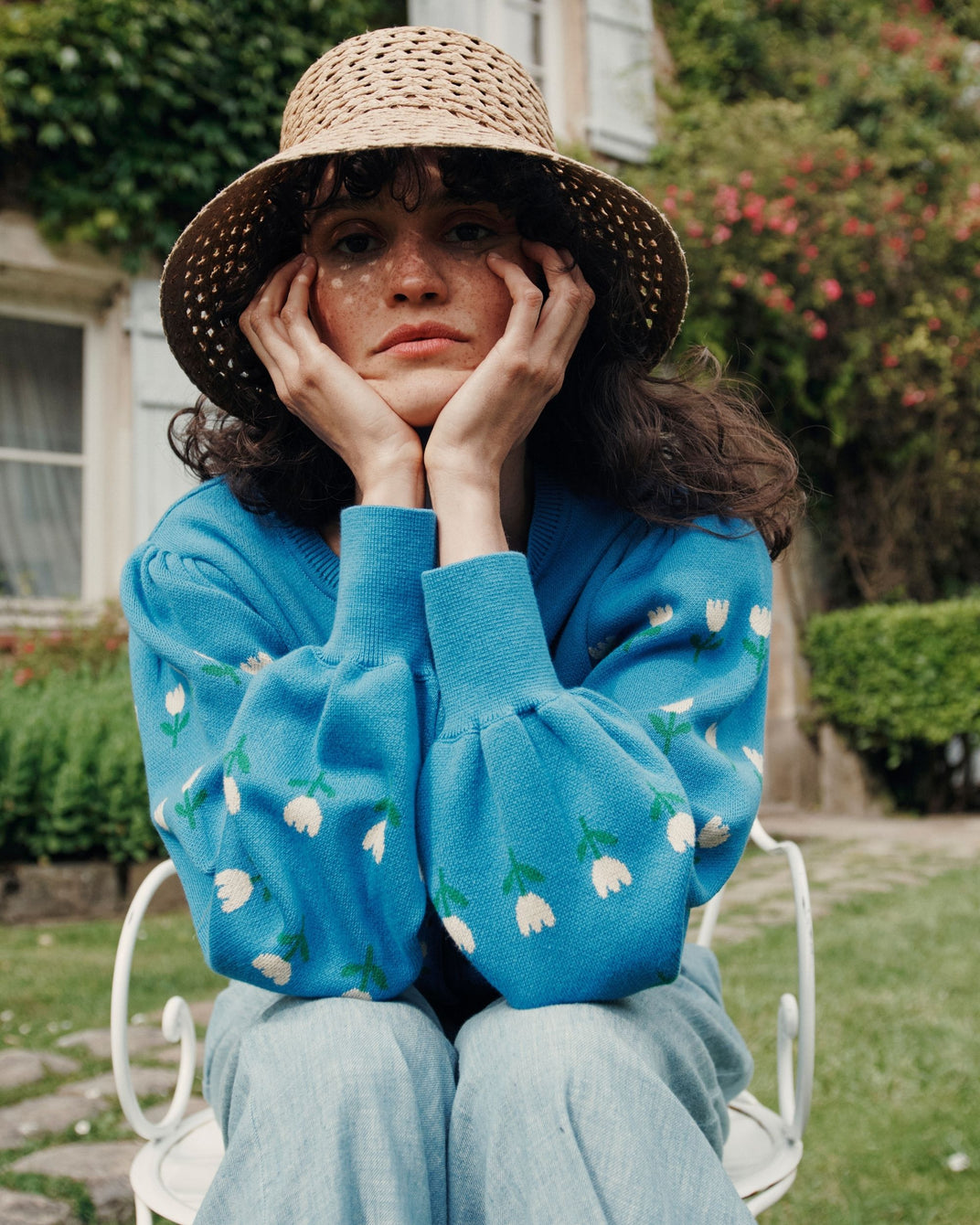 Cardigan jacquard à fleurs coton bio bleu