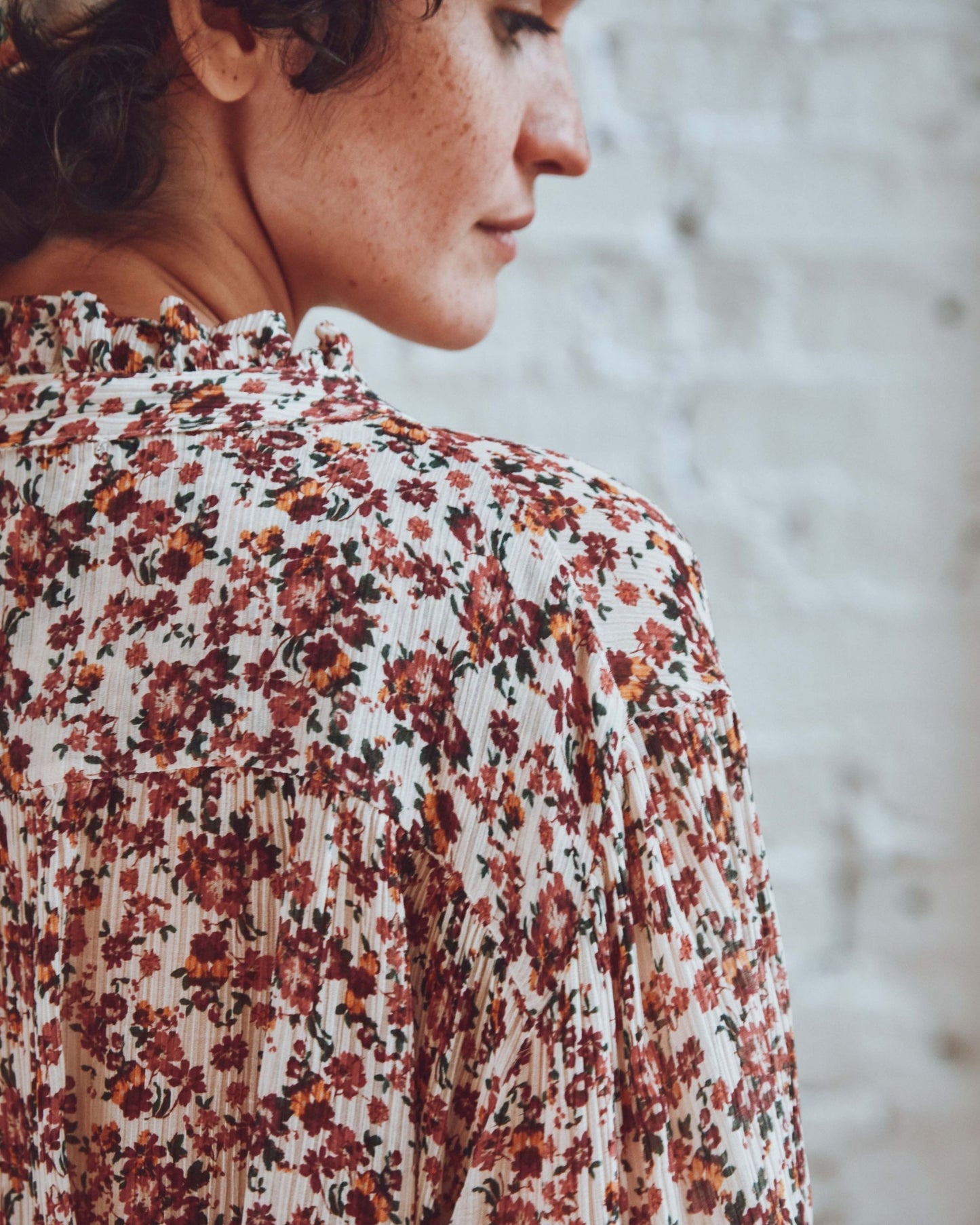 Blouse volantée crépon myosotis rose