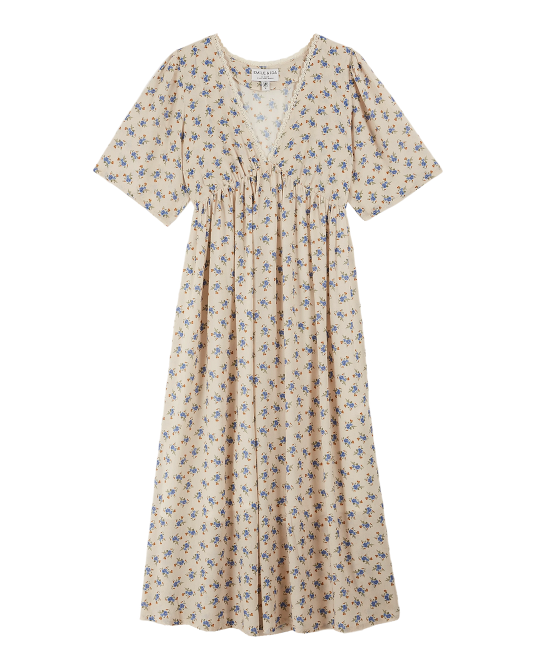 Robe longue écru fleurs bleues