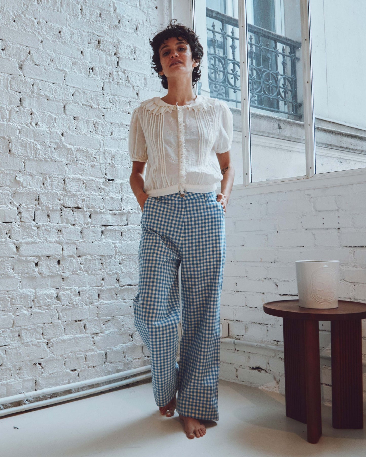 Pantalon vichy écru et bleu