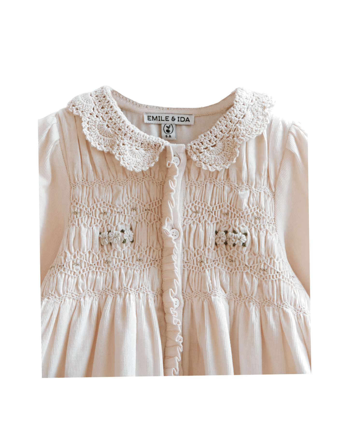 Robe velours smockée col crochet crème