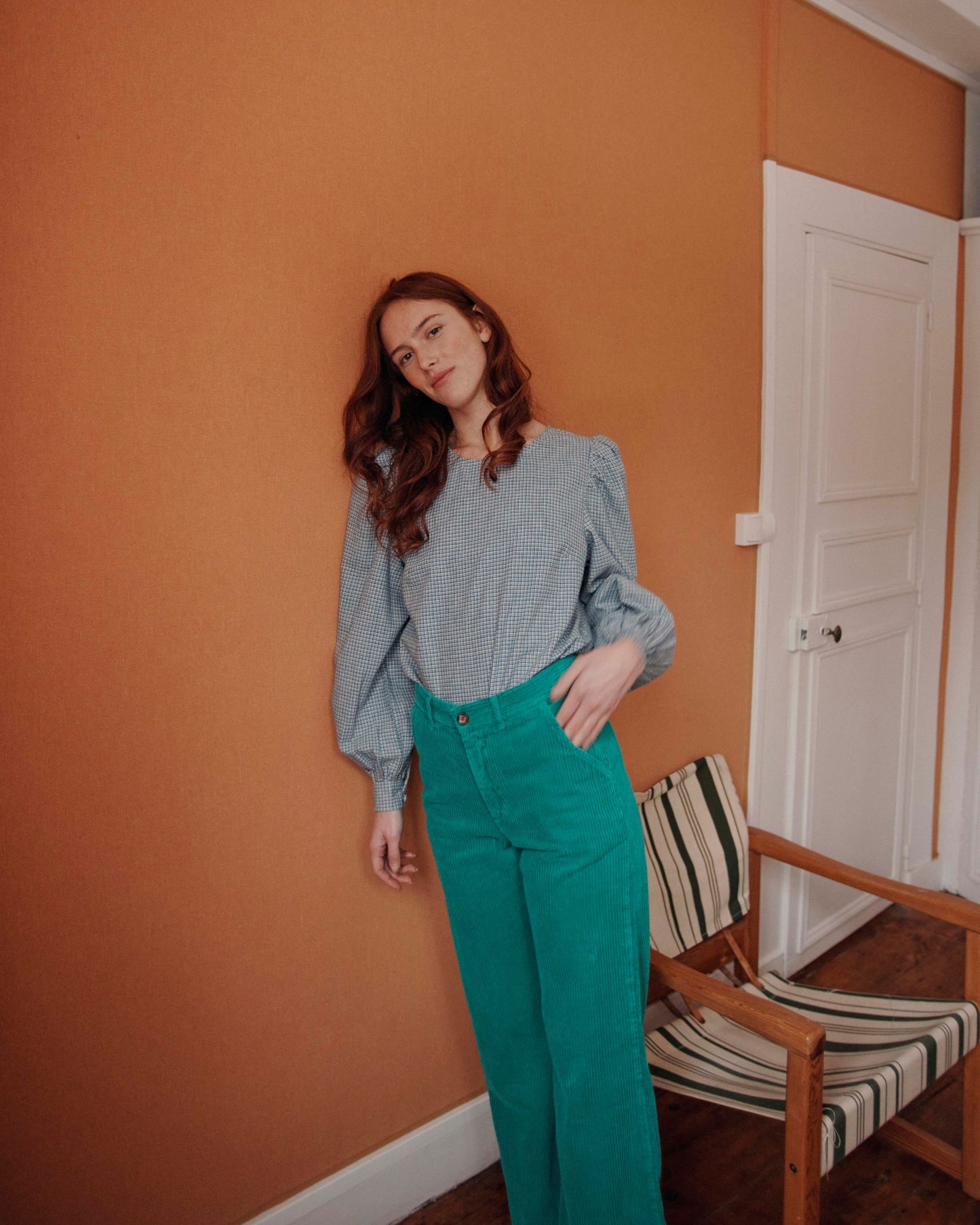 Blouse khadi écossais bleu et vert