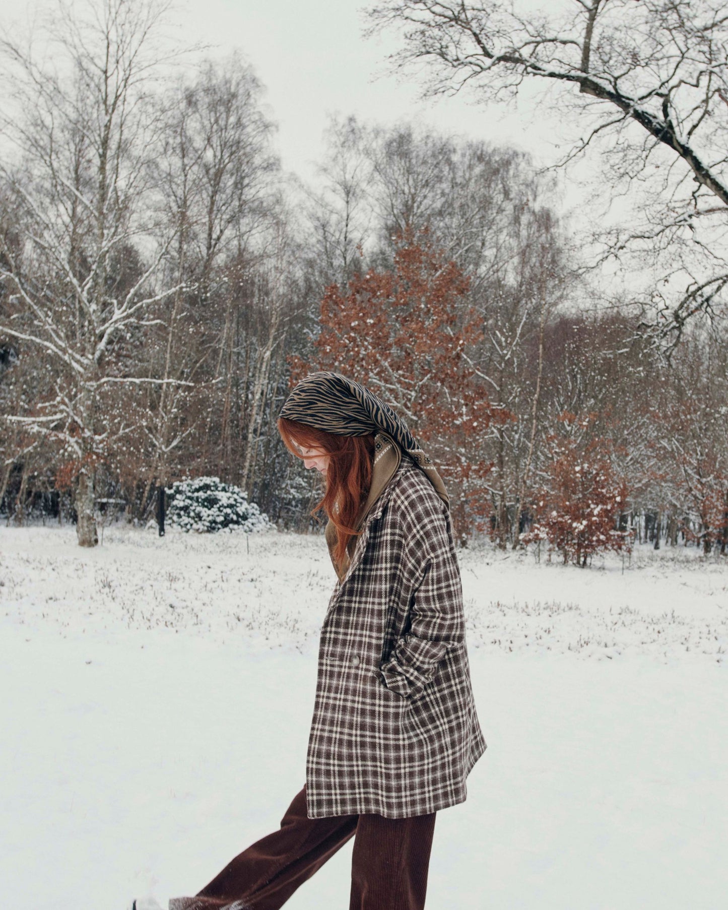 Manteau carreaux laine écru et chocolat