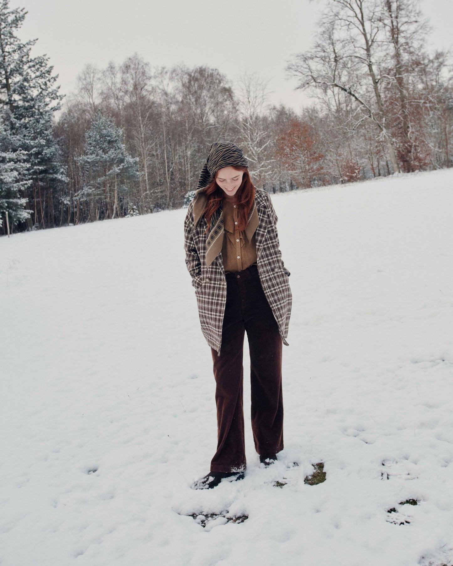 Manteau carreaux laine écru et chocolat