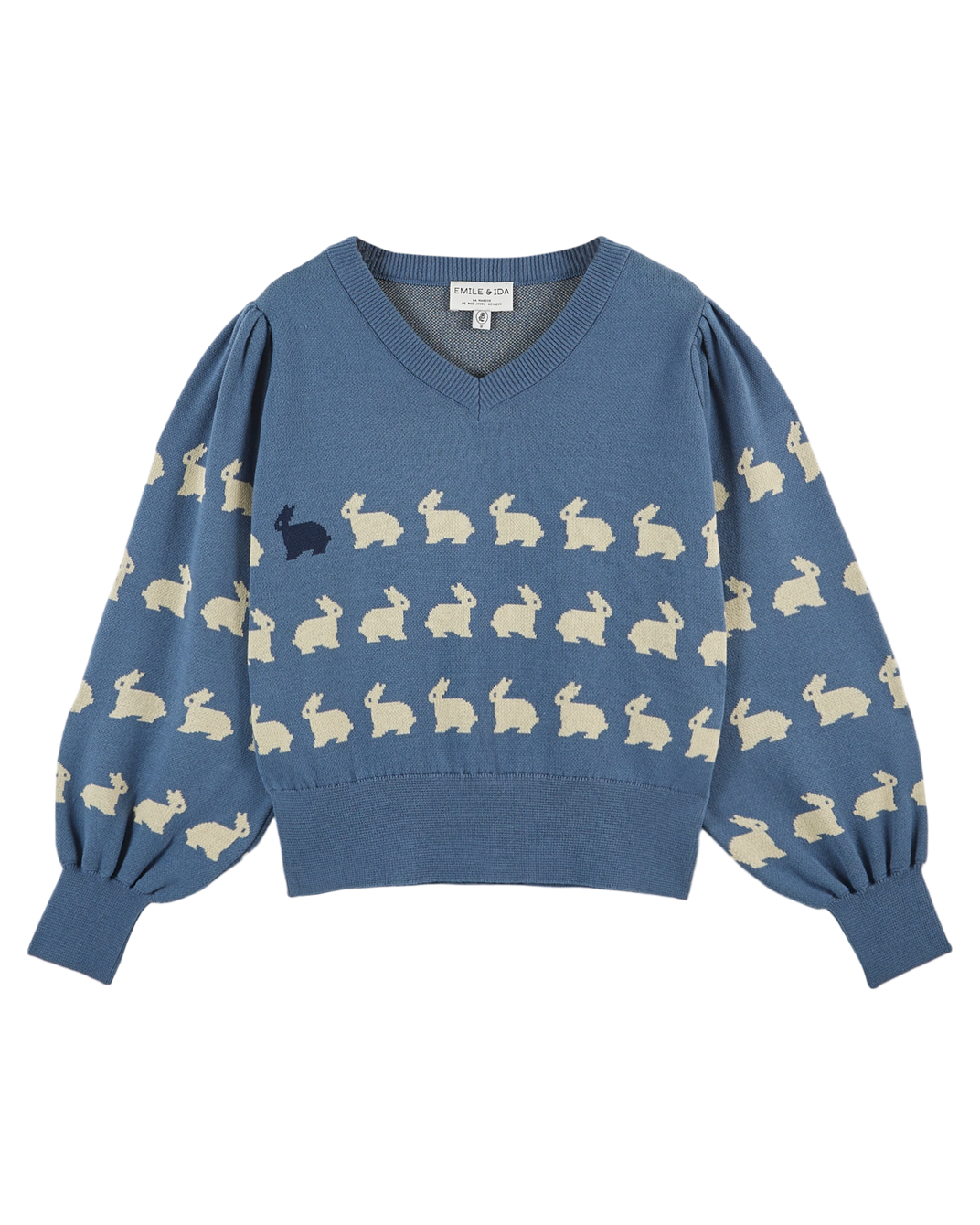 Pull jacquard lapin bleu