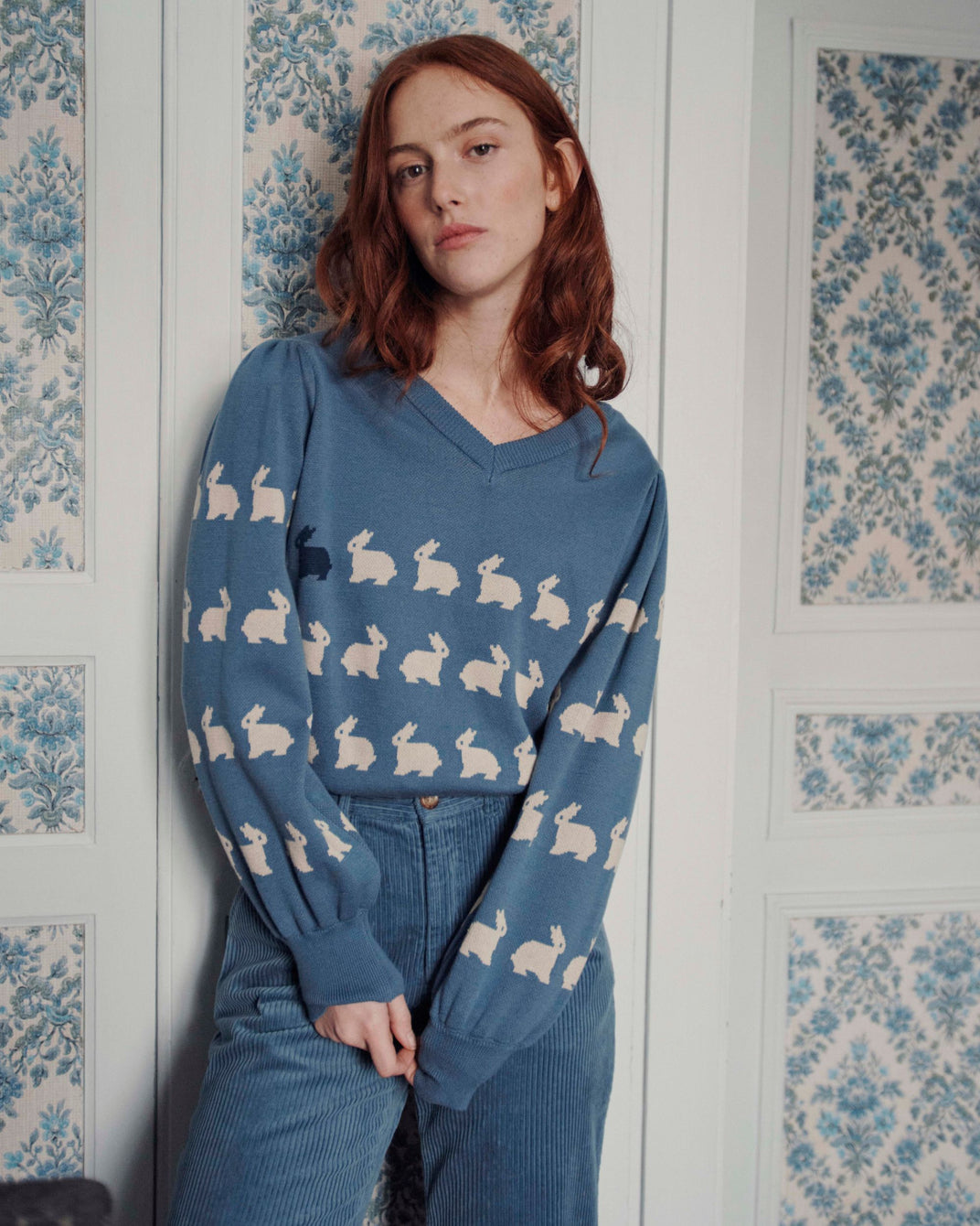 Pull jacquard lapin coton bio bleu