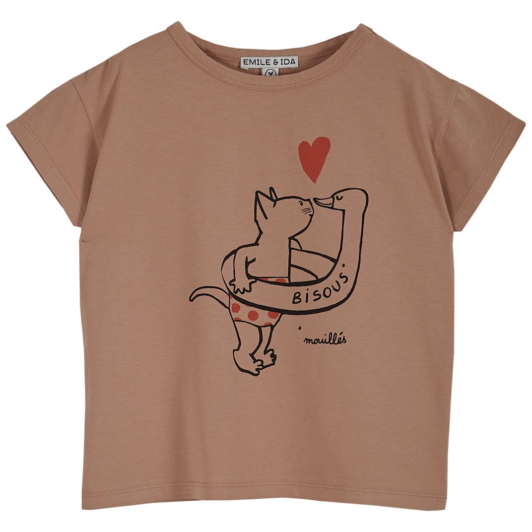 Tee-shirt imprimé chat coton rose terracotta