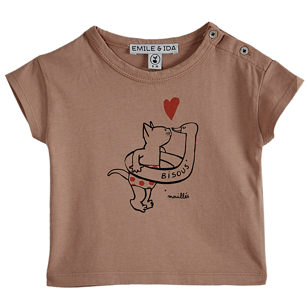 Tee-shirt imprimé chat coton rose terracotta