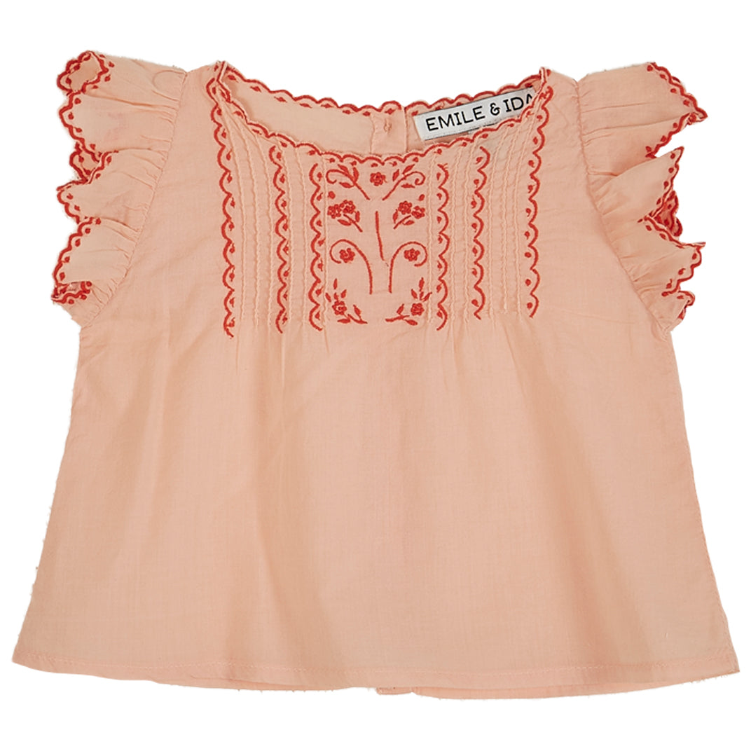 Blouse brodée voile de coton rose